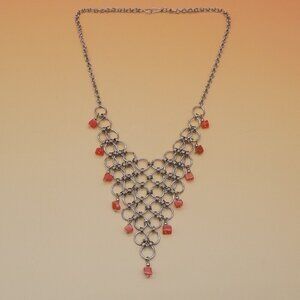 Vintage Mesh Choker Bib Necklace Silver Tone Orange Glass Square Beads